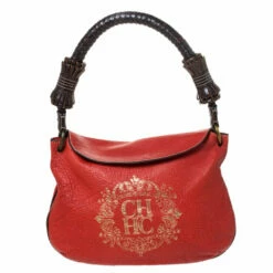 Carolina Herrera Orange/Brown Logo Leather Braided Handle Hobo Women