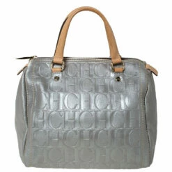 Carolina Herrera Metallic Silver Monogram Embossed Leather Andy Boston Bag Women - Grey