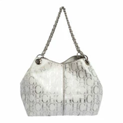 Carolina Herrera White/Silver Monogram Embossed Leather Chain Tote Women