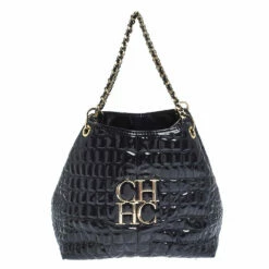 Carolina Herrera Puple Croc Embossed Patent Leather Tote Women - Purple