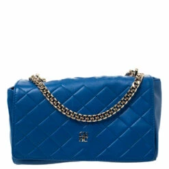 Carolina Herrera Blue Quilted Leather Flap Shoulder Bag Women