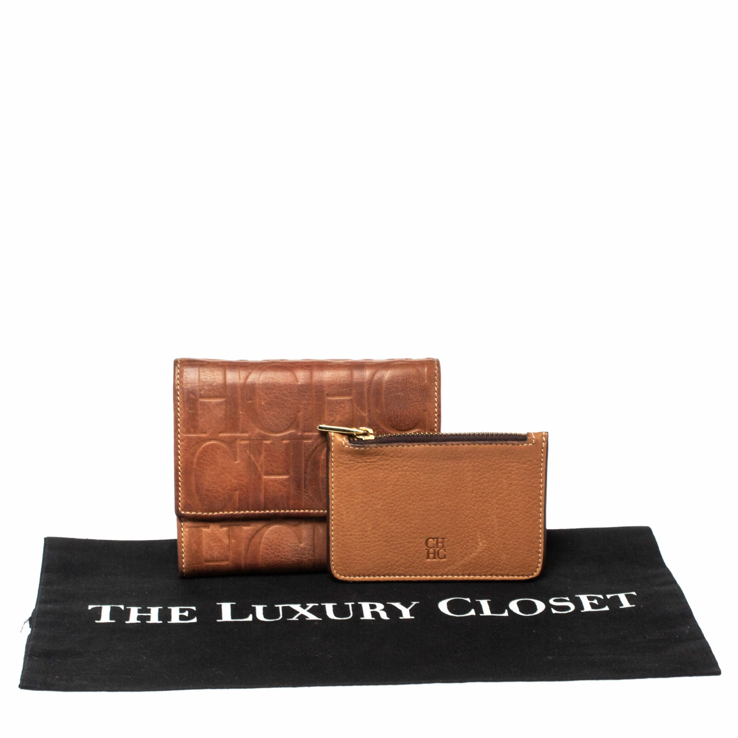 Carolina Herrera Brown Embossed Leather Trifold Compact Wallet Women