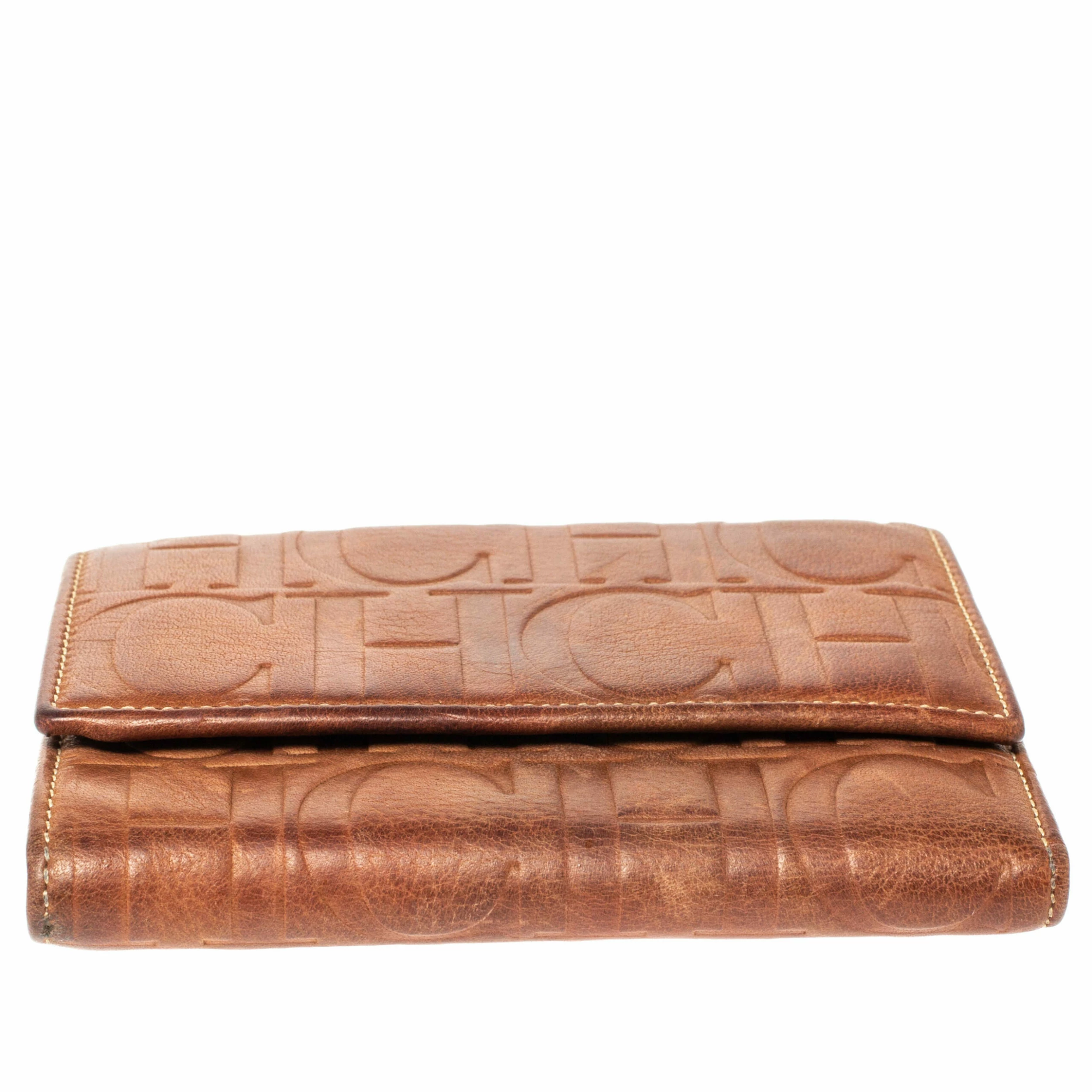 Carolina Herrera Brown Embossed Leather Trifold Compact Wallet Women