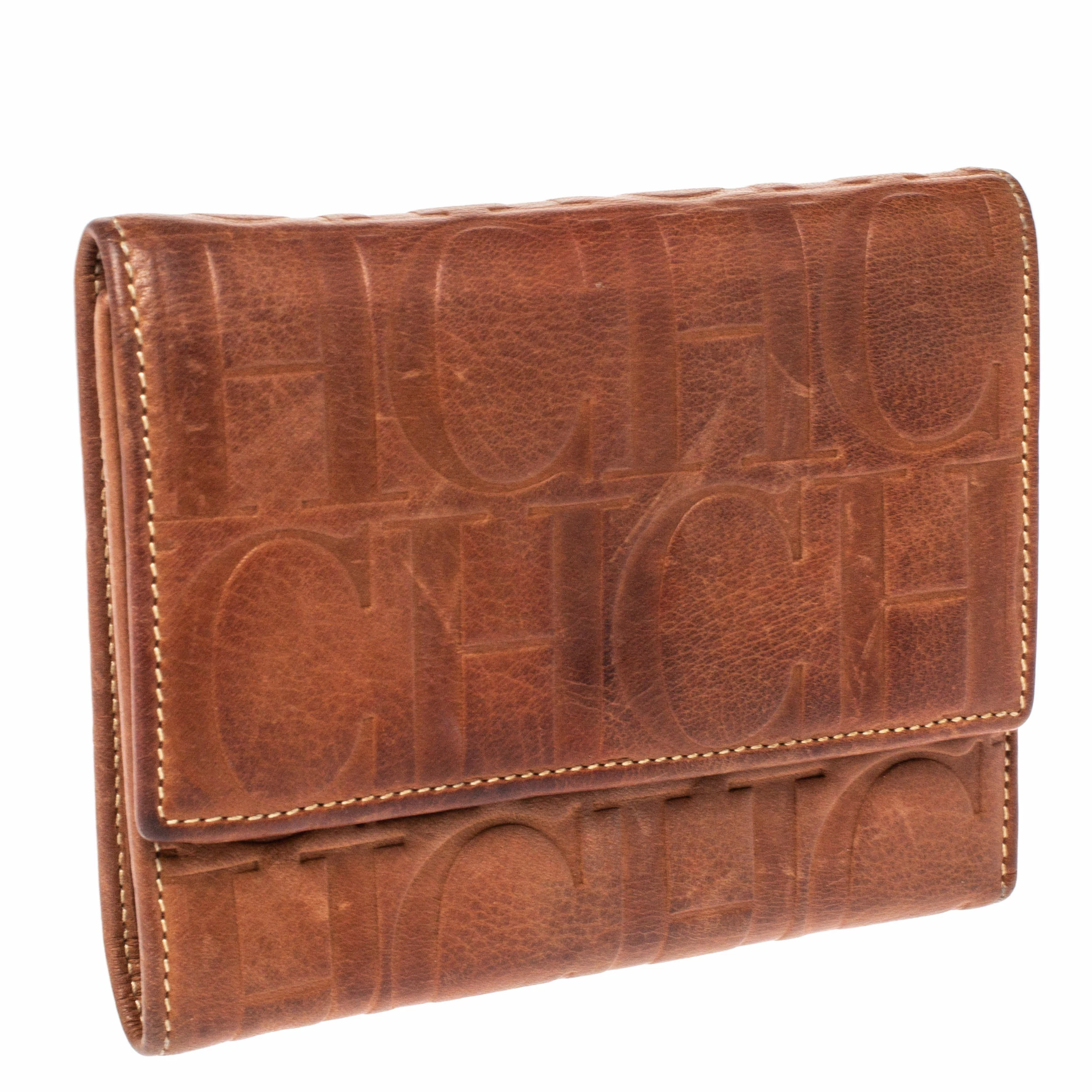 Carolina Herrera Brown Embossed Leather Trifold Compact Wallet Women