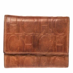 Carolina Herrera Brown Embossed Leather Trifold Compact Wallet Women