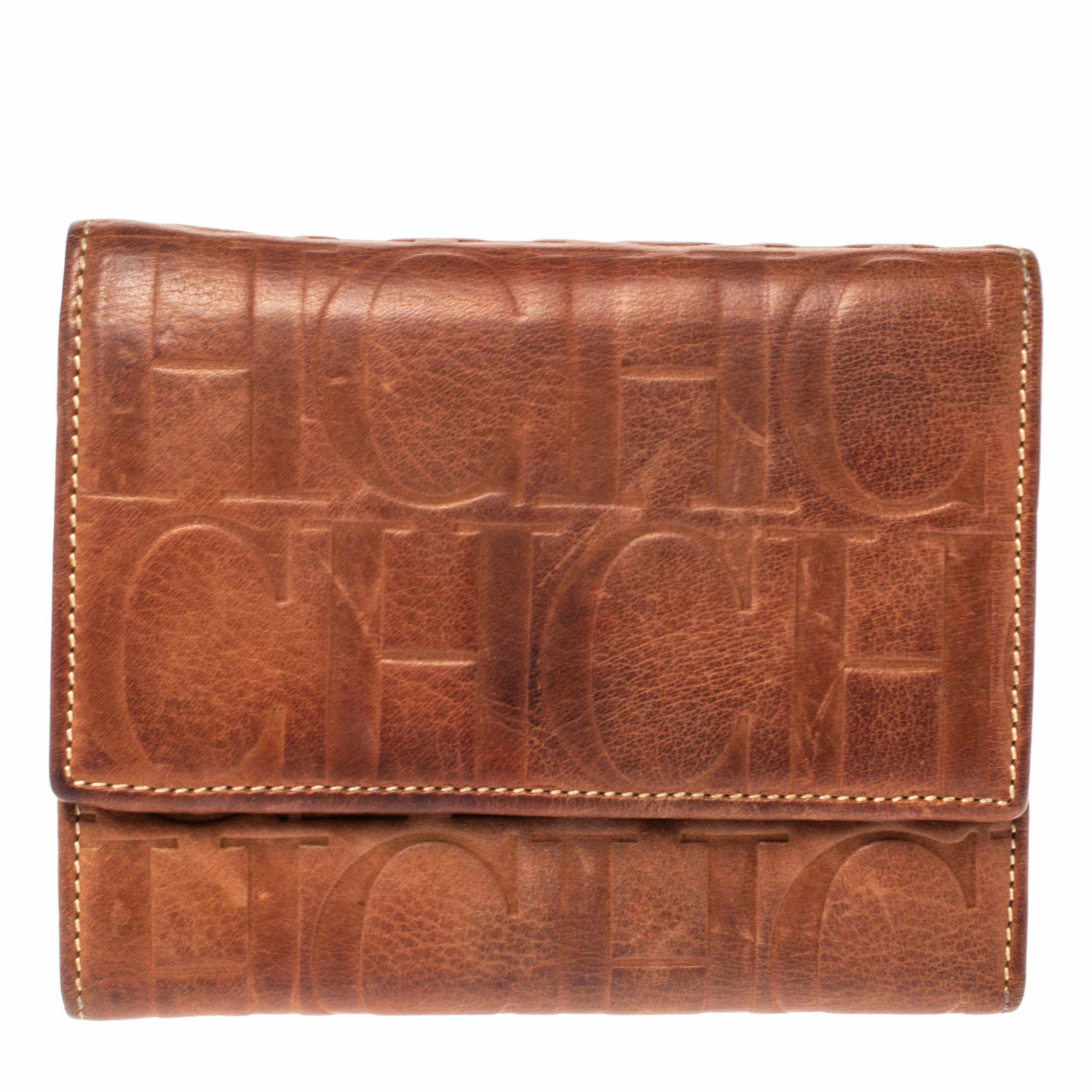 Carolina Herrera Brown Embossed Leather Trifold Compact Wallet Women