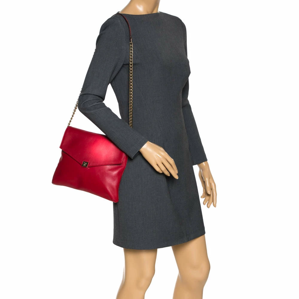 Carolina Herrera Red Leather Envelope Flap Shoulder Bag Women