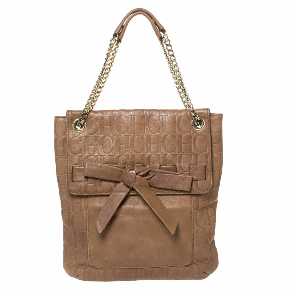 Carolina Herrera Light Brown Embossed Leather Bow Flap Hobo Women