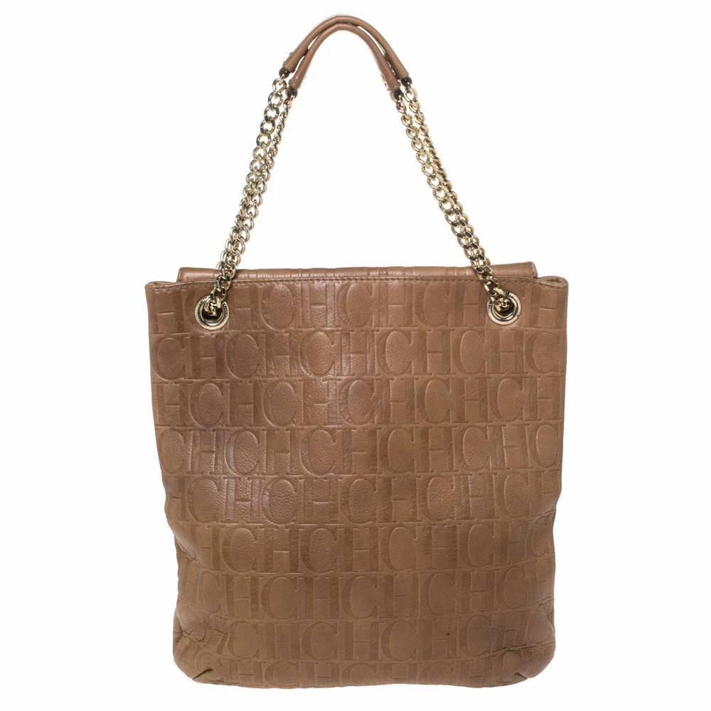 Carolina Herrera Light Brown Embossed Leather Bow Flap Hobo Women