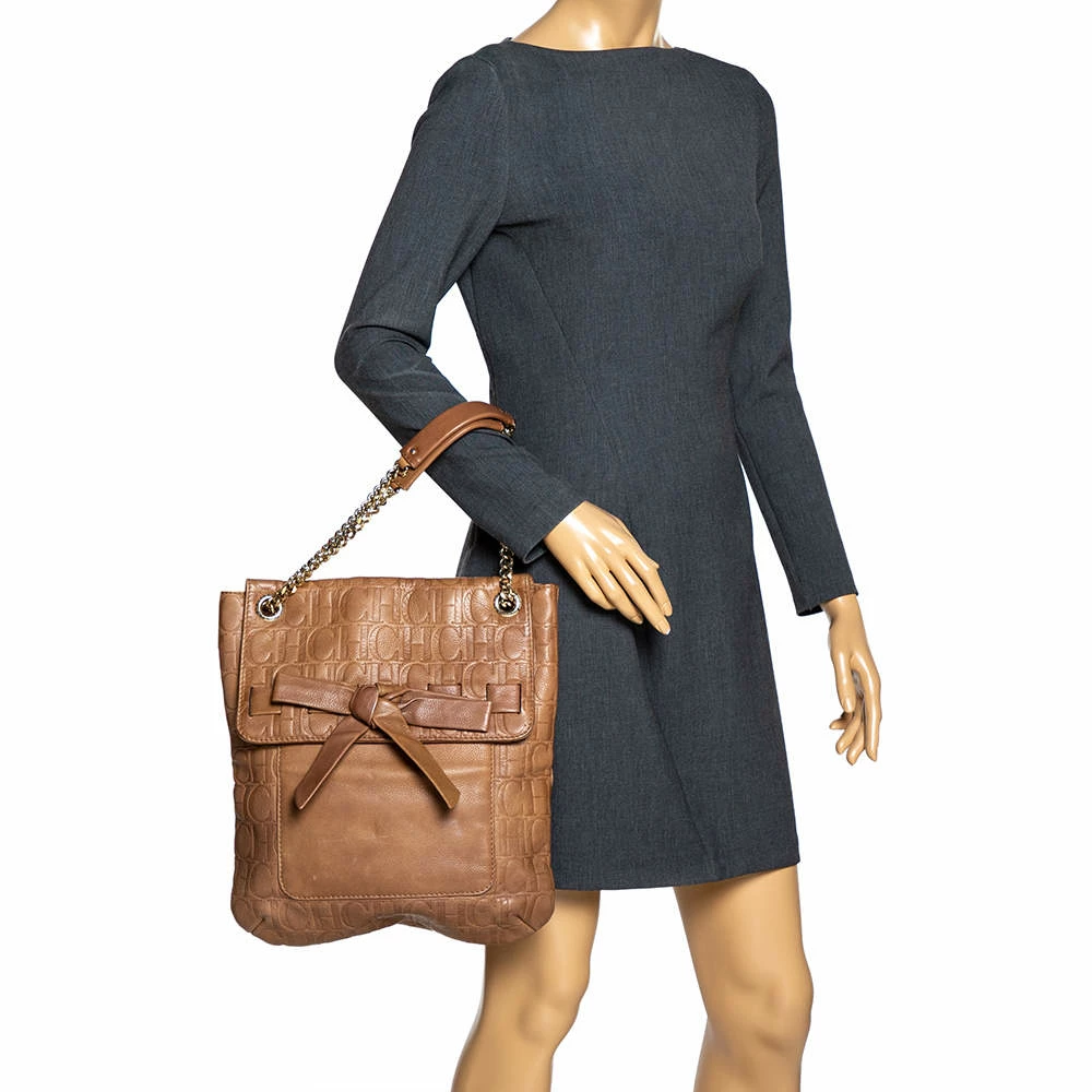 Carolina Herrera Light Brown Embossed Leather Bow Flap Hobo Women