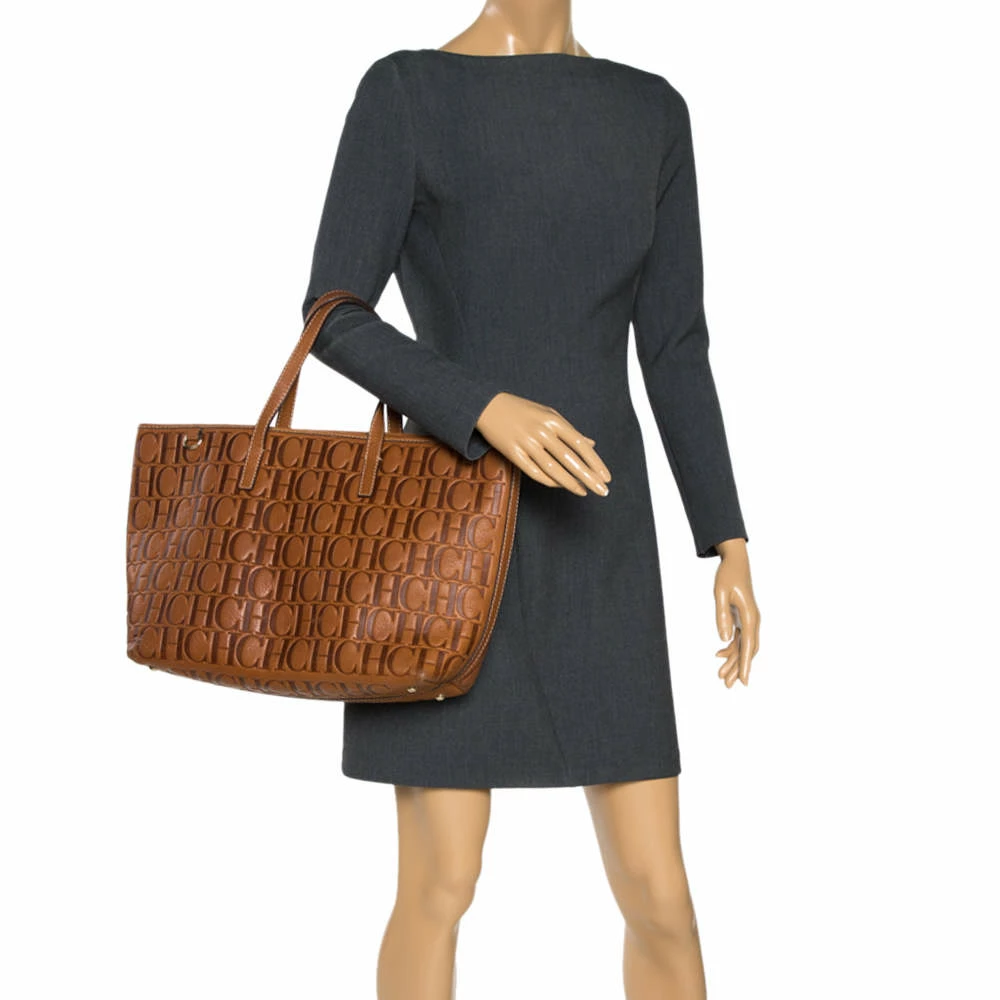 Carolina Herrera Brown Embossed Leather Tote Women