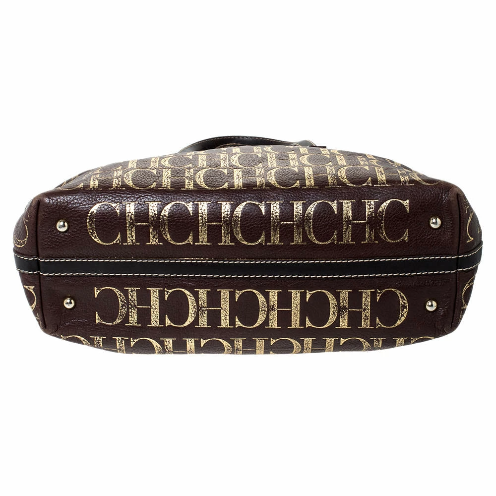 Carolina Herrera Brown/Gold Monogram Leather Shopper Tote Women