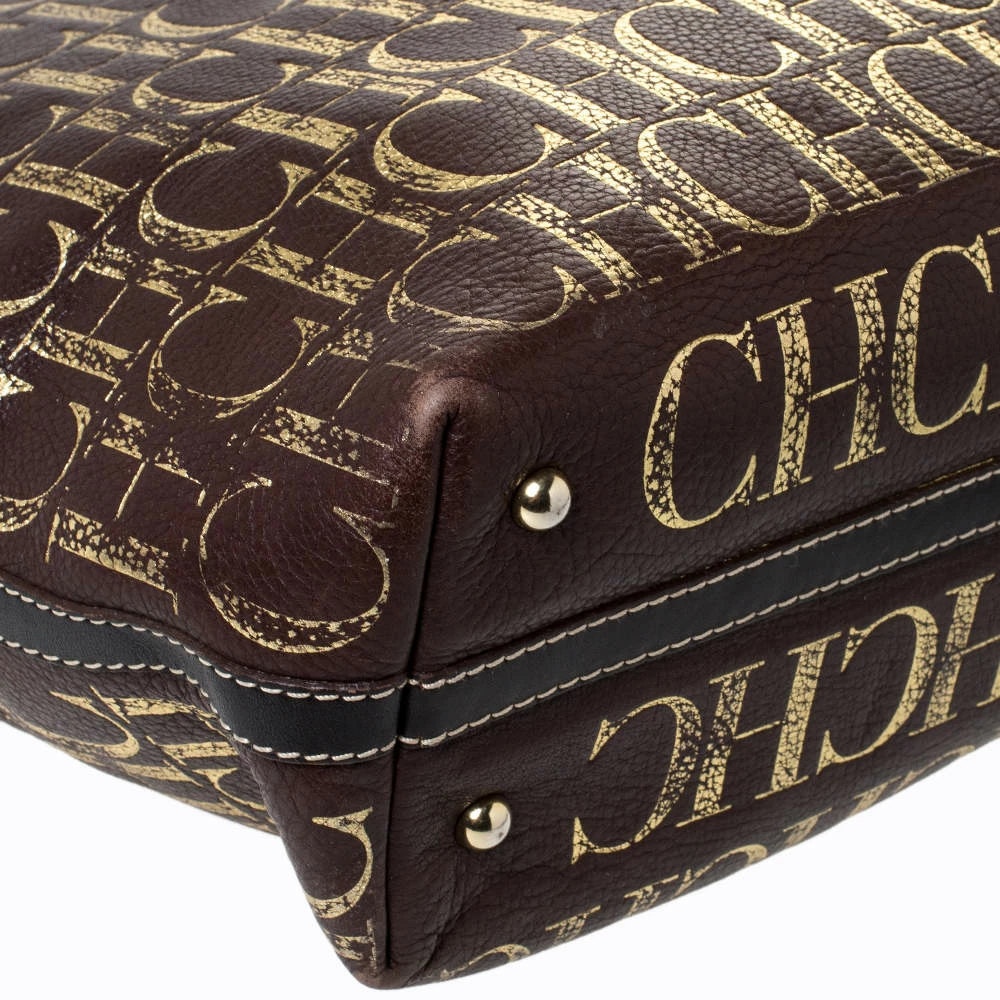 Carolina Herrera Brown/Gold Monogram Leather Shopper Tote Women