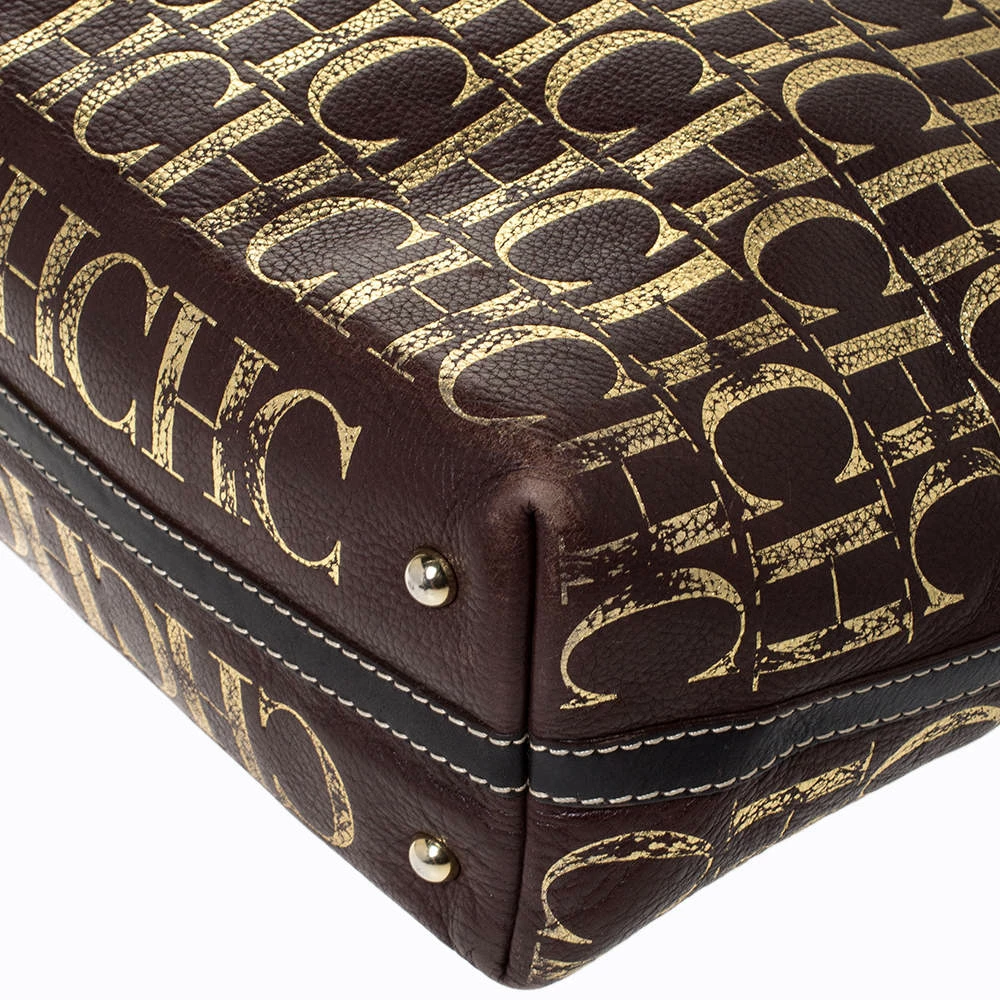 Carolina Herrera Brown/Gold Monogram Leather Shopper Tote Women