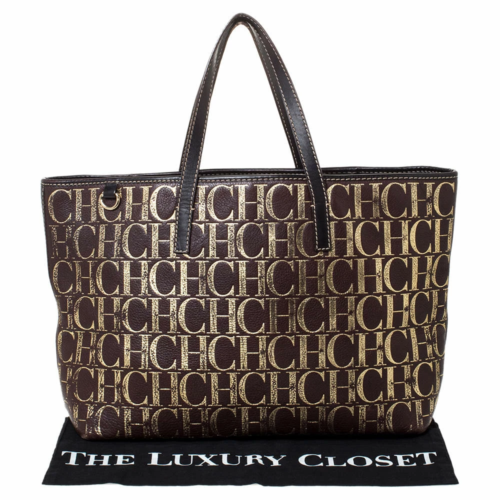 Carolina Herrera Brown/Gold Monogram Leather Shopper Tote Women