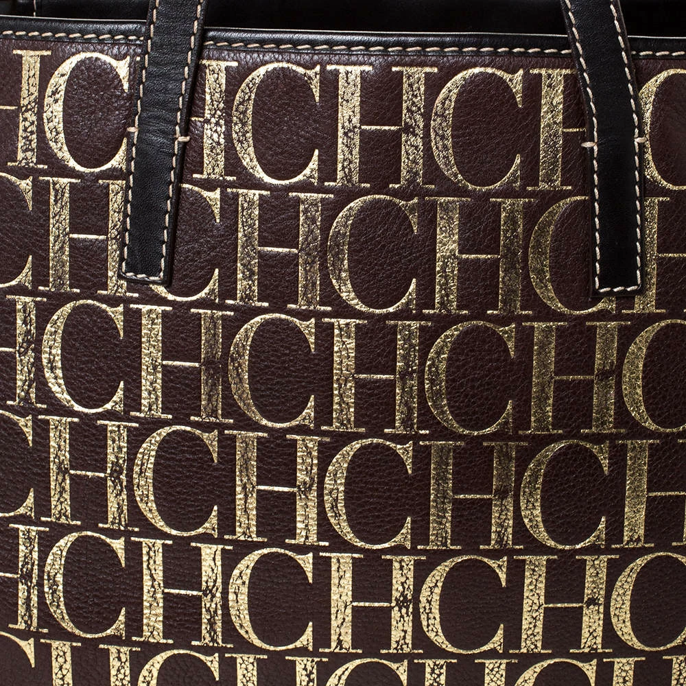 Carolina Herrera Brown/Gold Monogram Leather Shopper Tote Women
