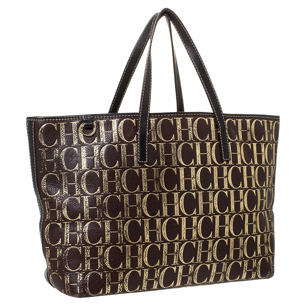 Carolina Herrera Brown/Gold Monogram Leather Shopper Tote Women