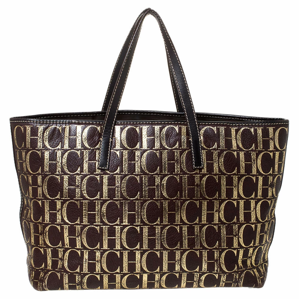 Carolina Herrera Brown/Gold Monogram Leather Shopper Tote Women