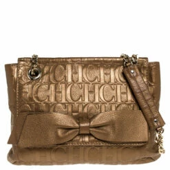 Carolina Herrera Gold Monogram Leather Audrey Shoulder Bag Women