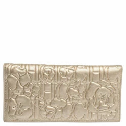 Carolina Herrera Metallic Gold Floral Embossed Leather Bifold Continental Wallet Women