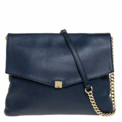 Carolina Herrera Navy Blue Leather Envelope Shoulder Bag Women