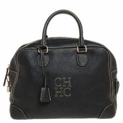 Carolina Herrera Black Leather Logo Bowler Bag Women