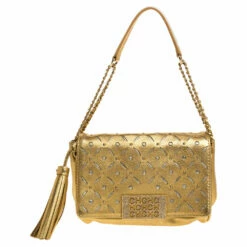 Carolina Herrera Metallic Gold Leather Embellished Shoulder Bag Women
