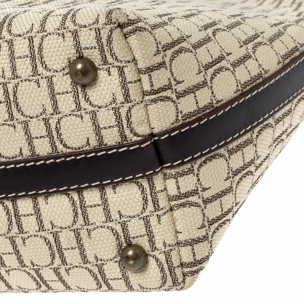 Carolina Herrera Beige/Brown Monogram Canvas and Leather Shopper Tote Women