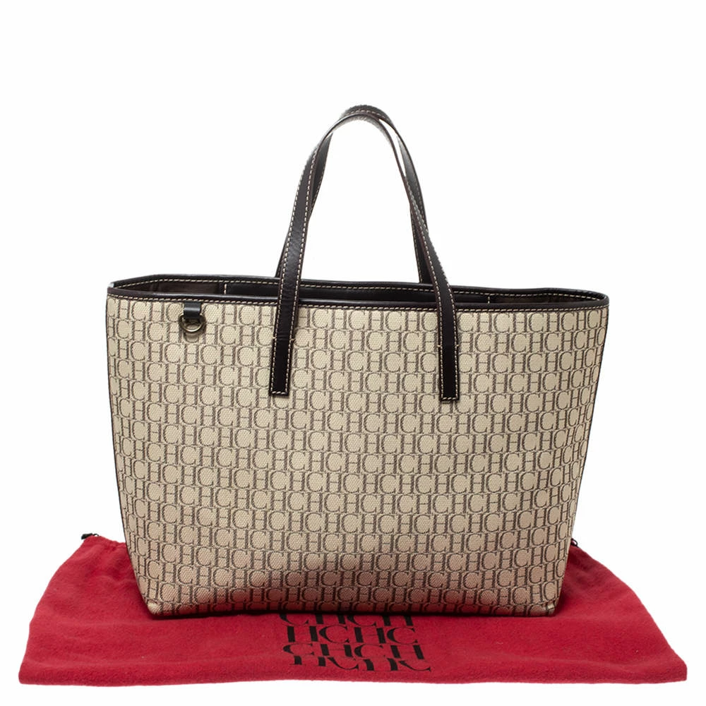 Carolina Herrera Beige/Brown Monogram Canvas and Leather Shopper Tote Women