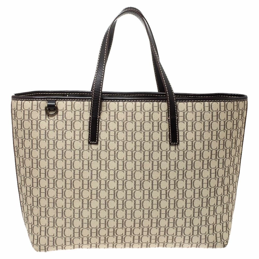 Carolina Herrera Beige/Brown Monogram Canvas and Leather Shopper Tote Women