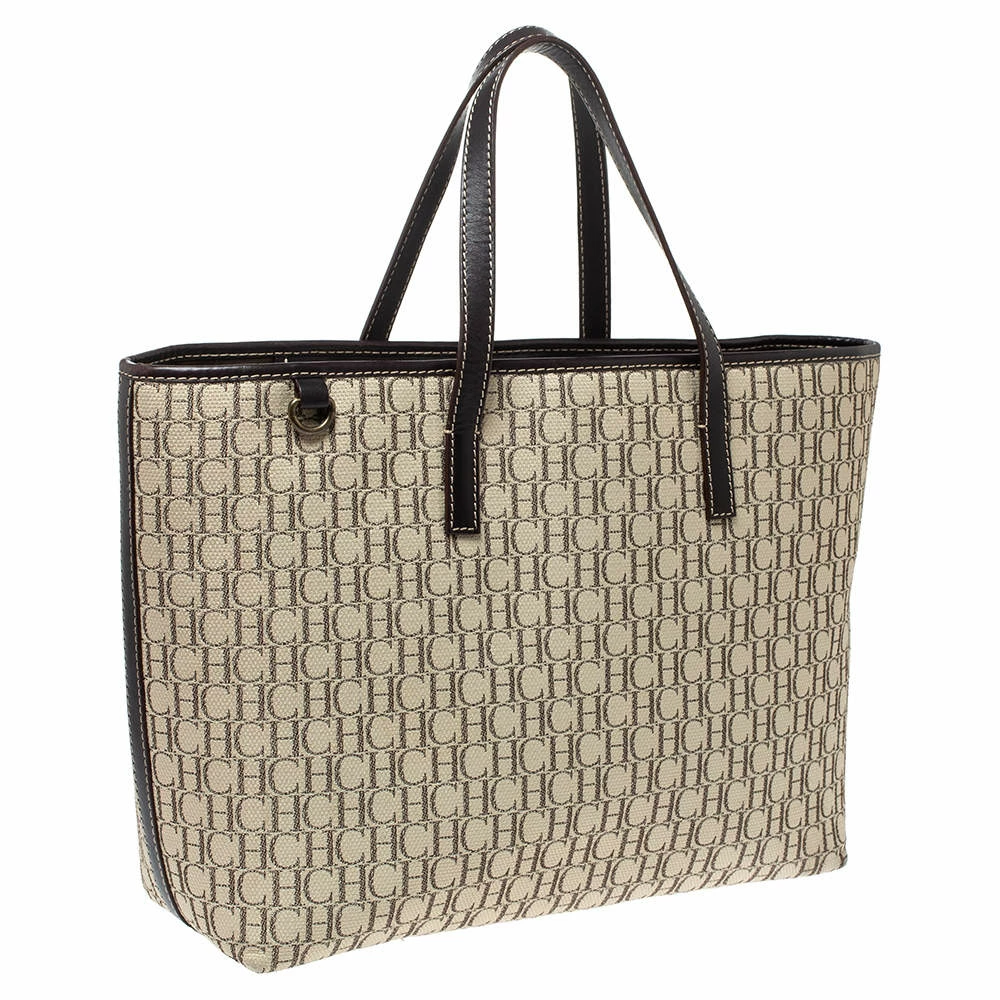 Carolina Herrera Beige/Brown Monogram Canvas and Leather Shopper Tote Women