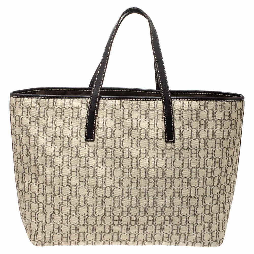 Carolina Herrera Beige/Brown Monogram Canvas and Leather Shopper Tote Women