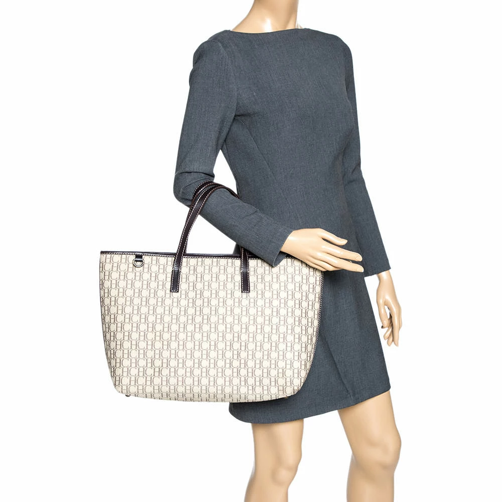 Carolina Herrera Beige/Brown Monogram Canvas and Leather Shopper Tote Women