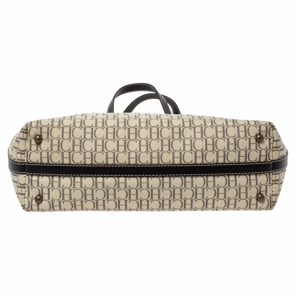 Carolina Herrera Beige/Brown Monogram Canvas and Leather Shopper Tote Women