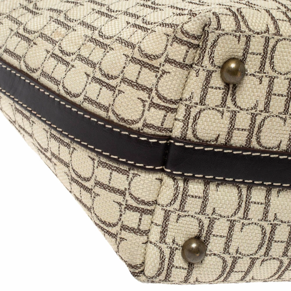 Carolina Herrera Beige/Brown Monogram Canvas and Leather Shopper Tote Women