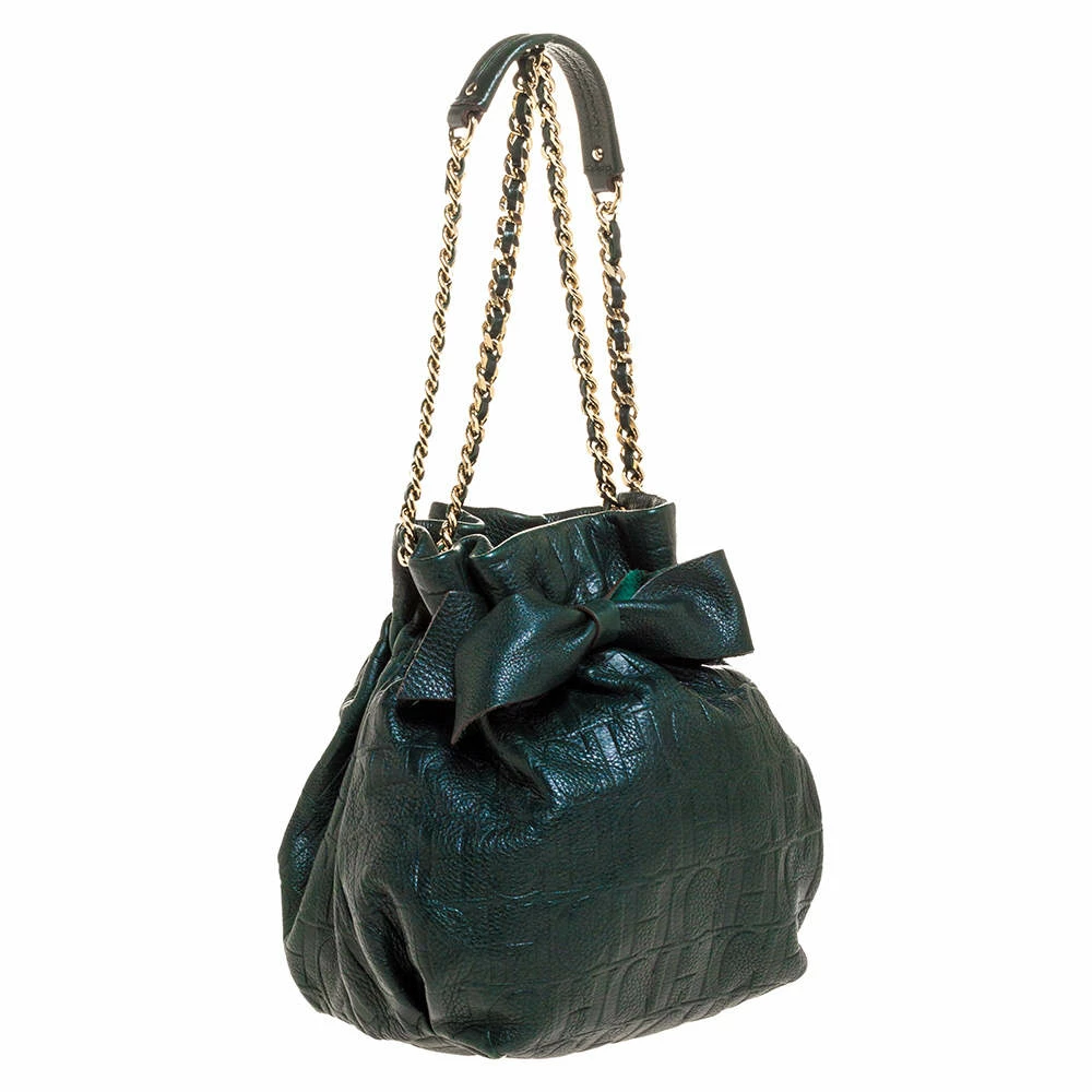 Carolina Herrera Dark Green Monogram Embossed Leather Bow Bucket Shoulder Bag Women