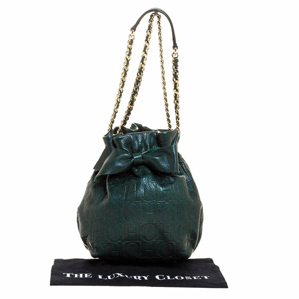 Carolina Herrera Dark Green Monogram Embossed Leather Bow Bucket Shoulder Bag Women