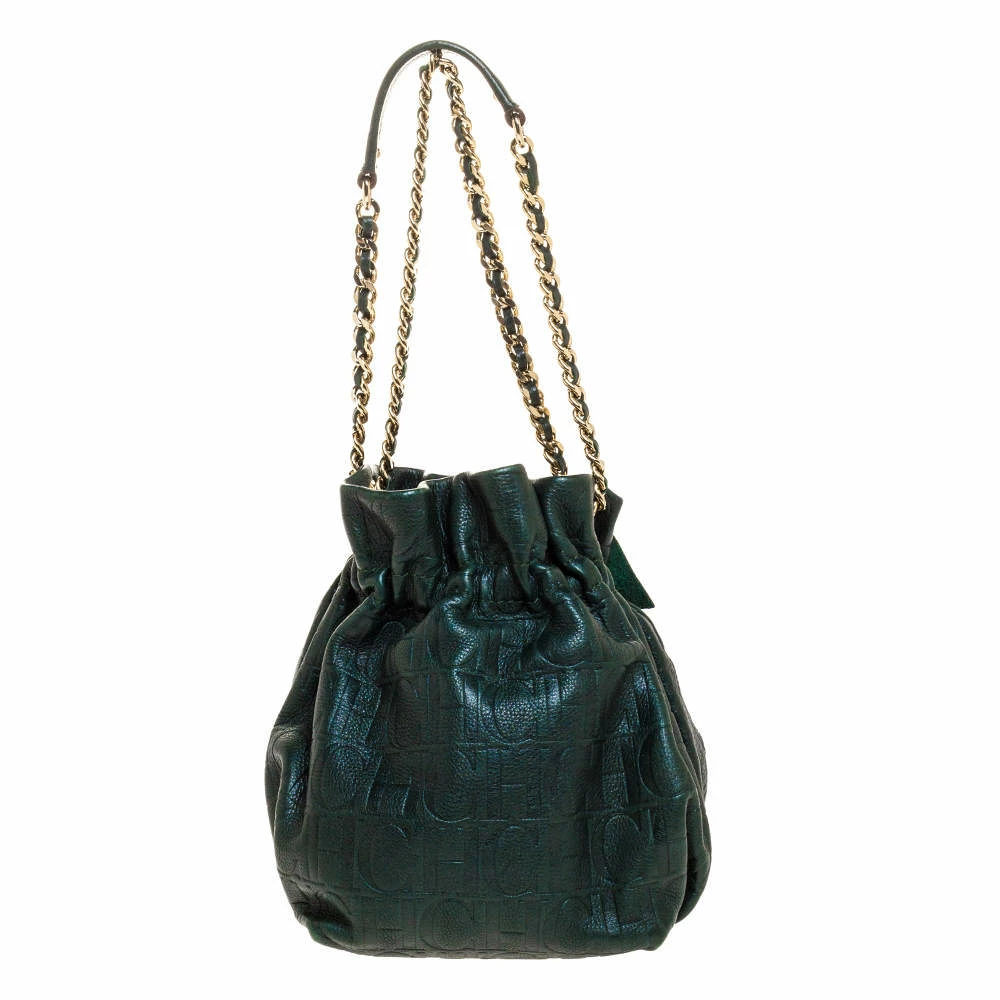 Carolina Herrera Dark Green Monogram Embossed Leather Bow Bucket Shoulder Bag Women