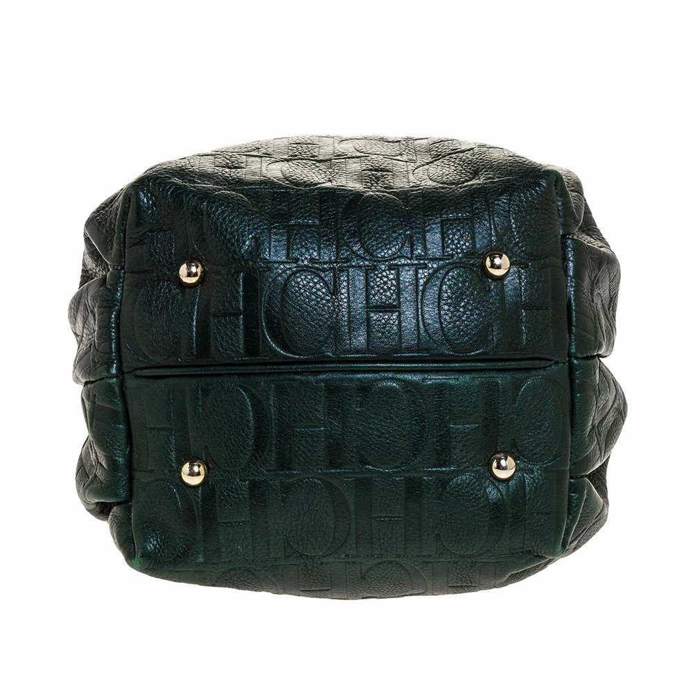 Carolina Herrera Dark Green Monogram Embossed Leather Bow Bucket Shoulder Bag Women