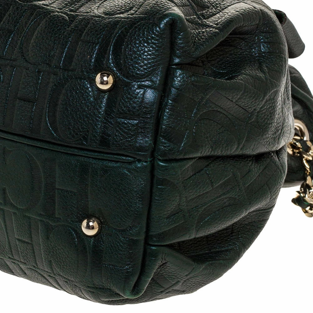 Carolina Herrera Dark Green Monogram Embossed Leather Bow Bucket Shoulder Bag Women