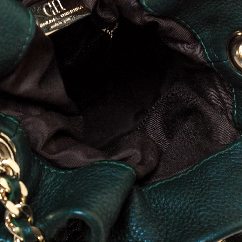 Carolina Herrera Dark Green Monogram Embossed Leather Bow Bucket Shoulder Bag Women