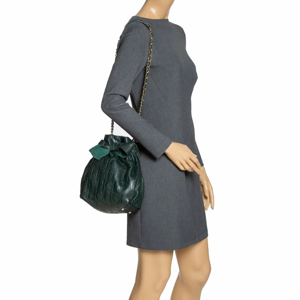 Carolina Herrera Dark Green Monogram Embossed Leather Bow Bucket Shoulder Bag Women