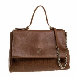 Carolina Herrera Brown Embossed Leather Minuetto Flap Top Handle Bag Women