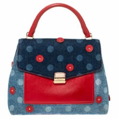 Carolina Herrera Blue/Red Polka Dot Denim And Leather Flap Top Handle Bag Women