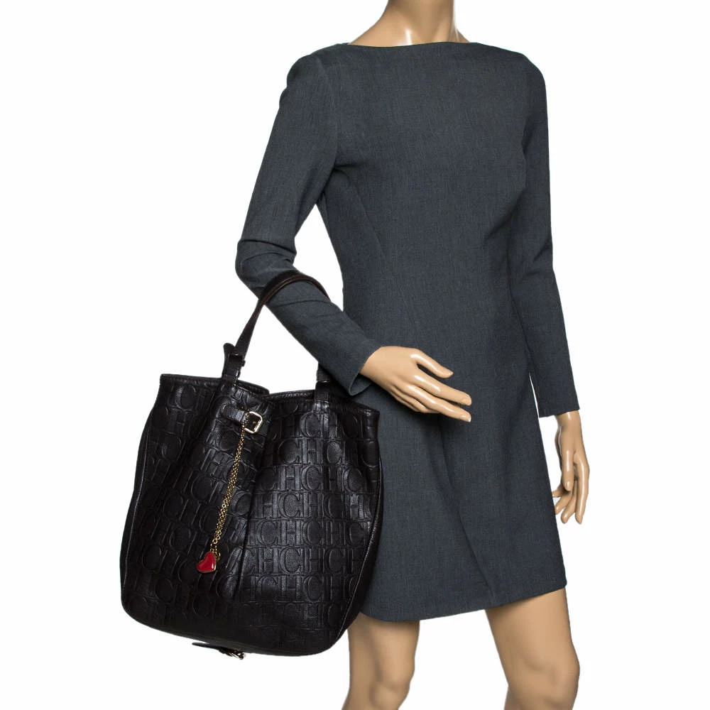 Carolina Herrera Dark Brown Monogram Leather Tote Women