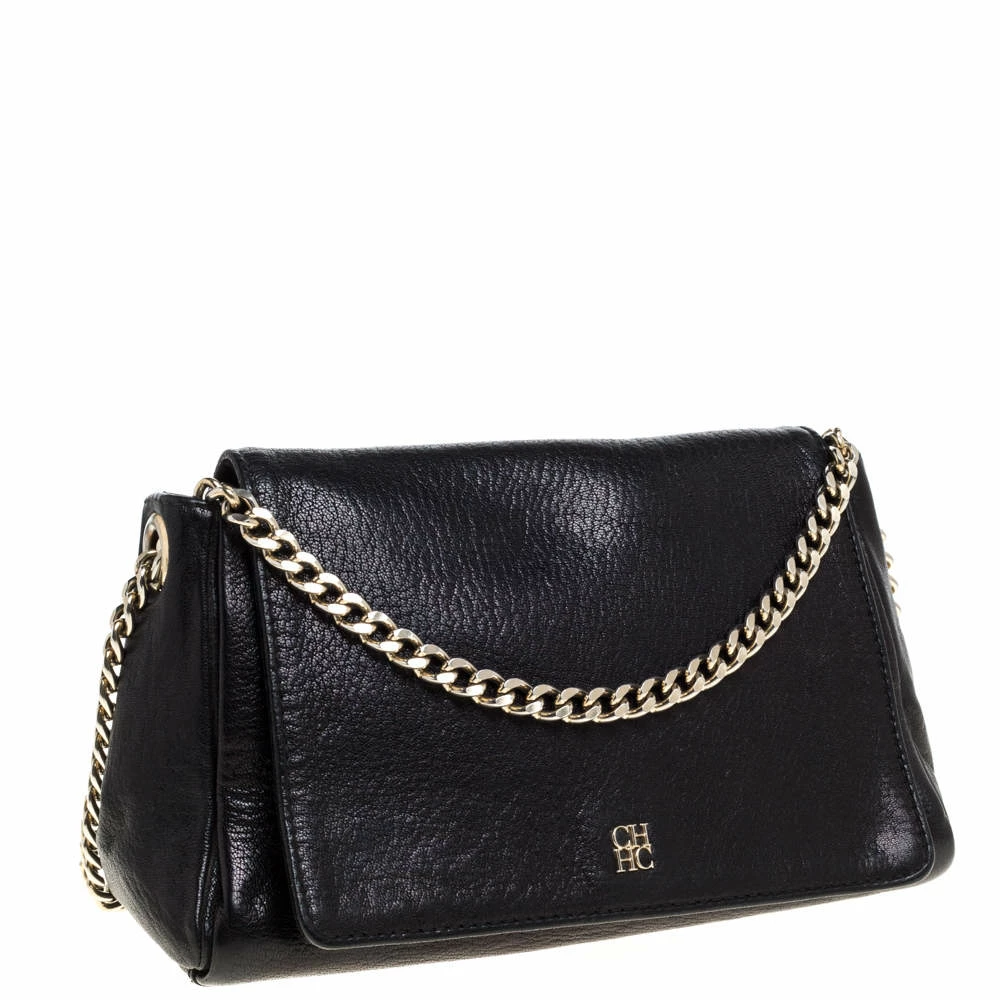 Carolina Herrera Black Leather Flap Shoulder Bag Women