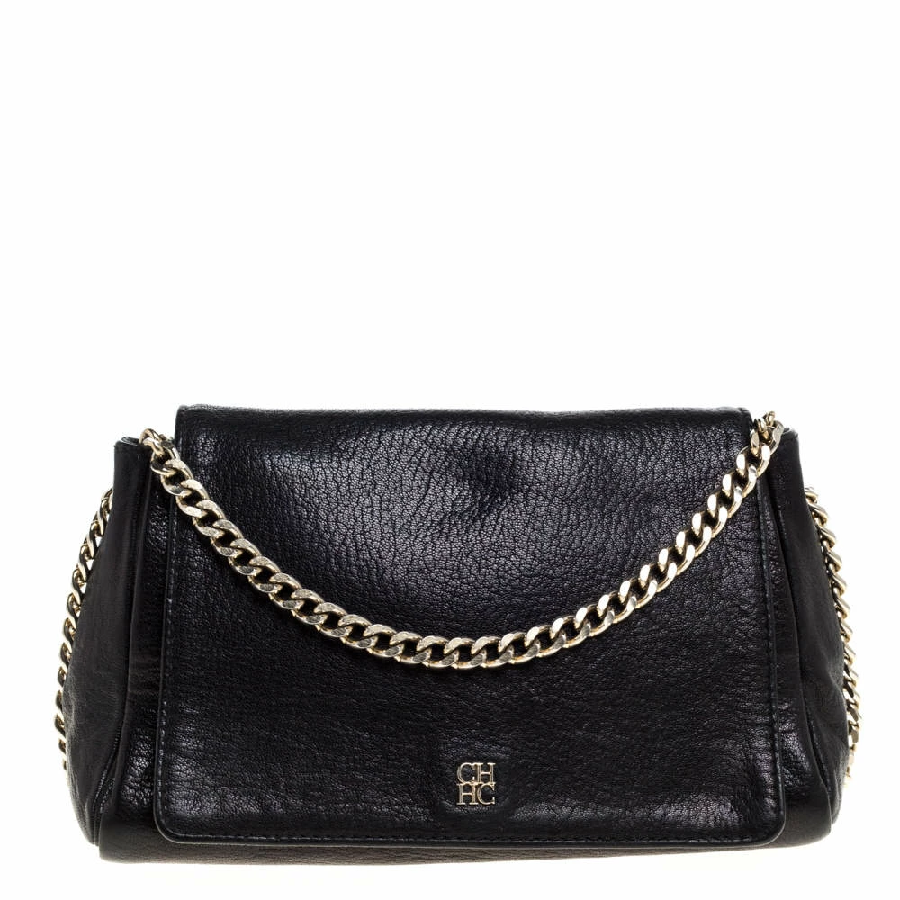 Carolina Herrera Black Leather Flap Shoulder Bag Women