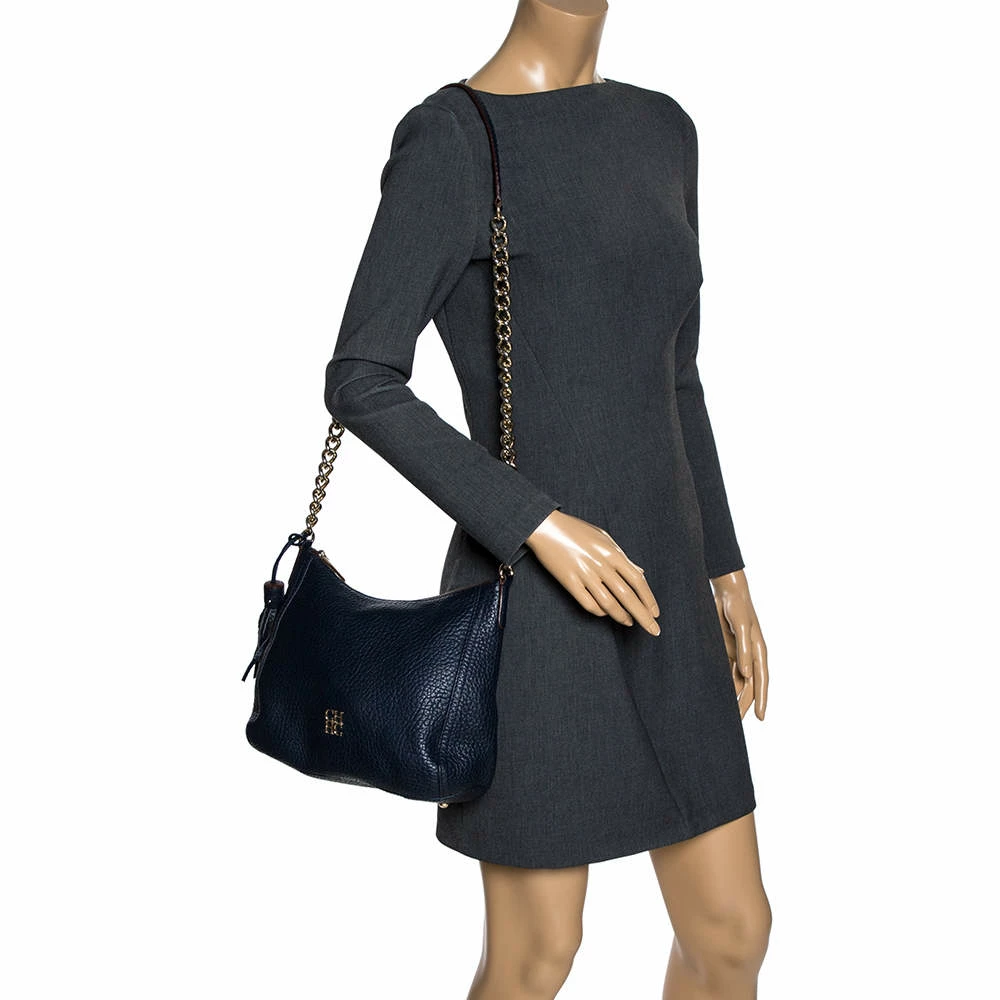 Carolina Herrera Navy Blue Pebbled Leather Maria Shoulder Bag Women