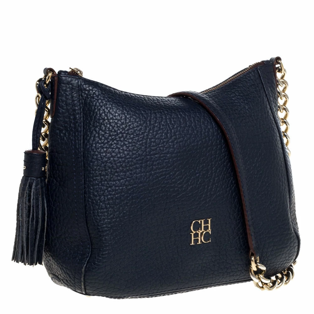 Carolina Herrera Navy Blue Pebbled Leather Maria Shoulder Bag Women