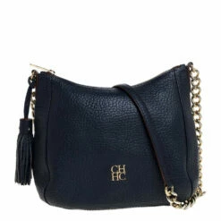 Carolina Herrera Navy Blue Pebbled Leather Maria Shoulder Bag Women